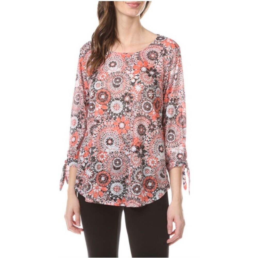 Ruby Rd 3X Plus Size Blouse Pink Brown Marble Watercolor Boho Tunic Bow Sleeve